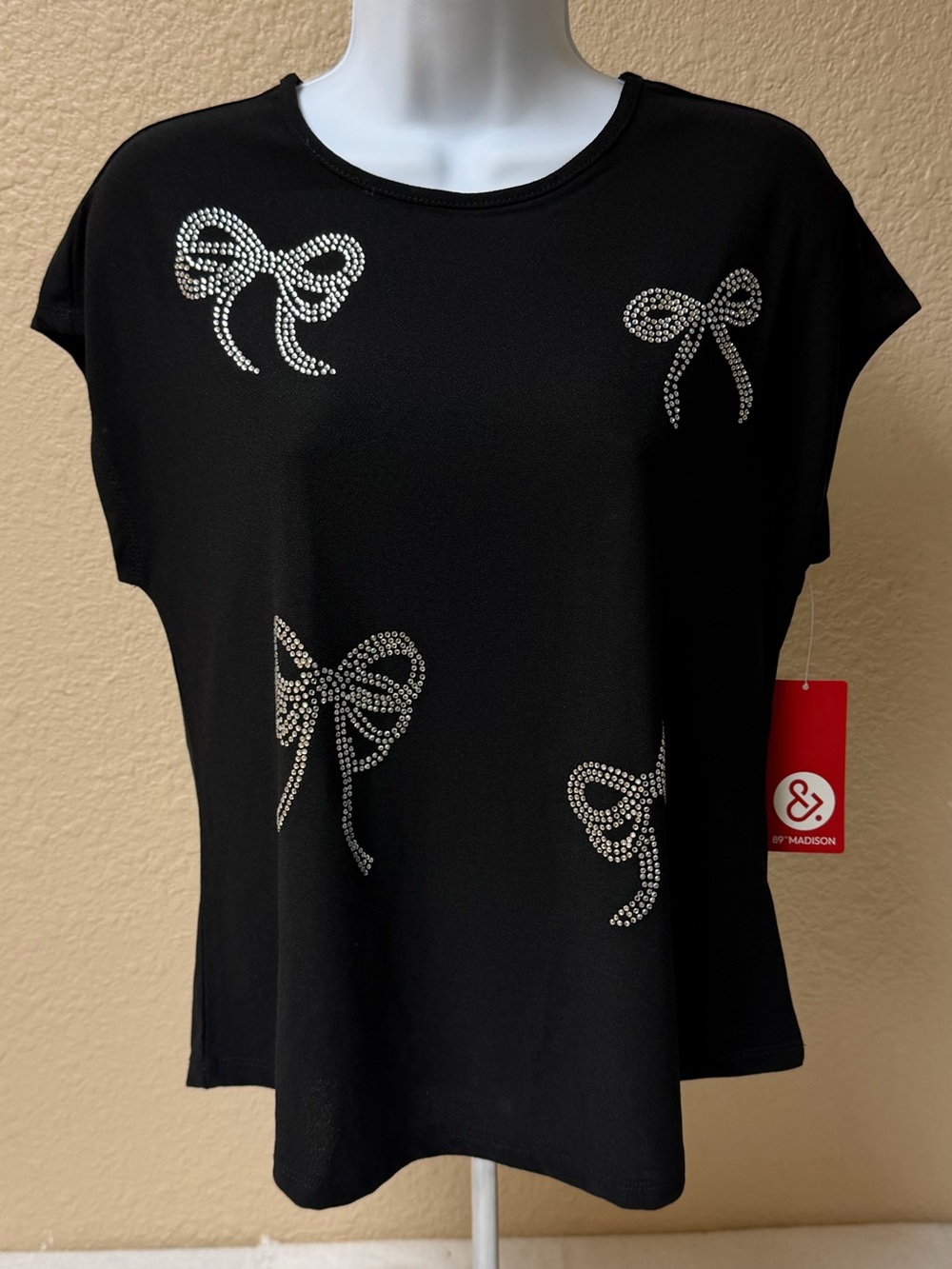 4/$20 89th & Madison Black Short Sleeve Top with Crystal Bow Accents